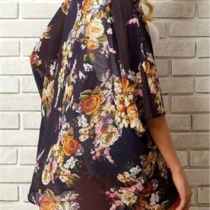 OLRAIN Dark Blue Floral Print Kimono Style Open Cover Sheer / Size XL
